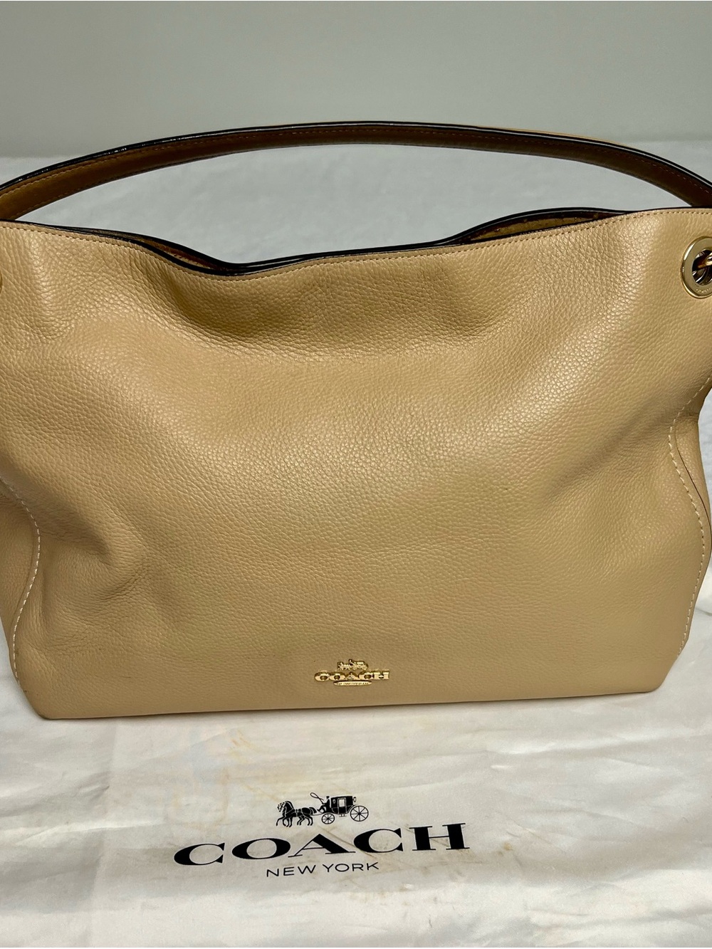 Coach Clarkson Pebbled Leather Hobo Shoulder Bag Tan Gold Hardware Large Tote